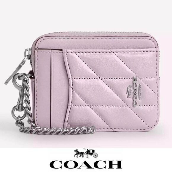 🌸 Coach Zip Card Case pearlized leather/Silver/Pink - Picture 1 of 6